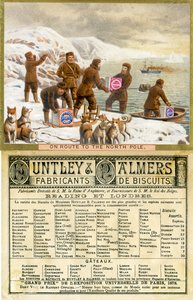 On Route to the North Pole, front and back of a promotional card for Huntley & Palmers Biscuits, produced for the French market, 1890