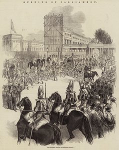 Opening of Parliament, Her Majesty Leaving Buckingham Palace (engraving) by English School