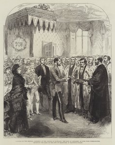Opening of the General Assembly of the Church of Scotland, the Earl of Aberdeen, as Lord High Commissioner, receiving the Keys of the City of Edinburgh at Holyrood Palace (engraving) by English School