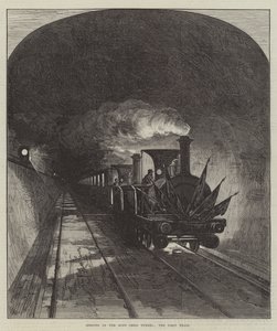 Opening of the Mont Cenis Tunnel, the First Train (engraving) by English School