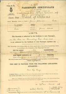 Passenger Certificate for Steam Ship The Maid of Athens