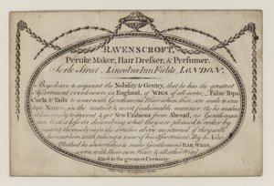 Ravenscroft Peruke Maker, trade card by English School