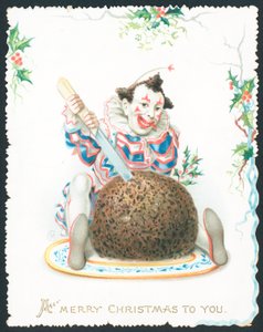 Pierrot cutting Plum Pudding, Christmas Card
