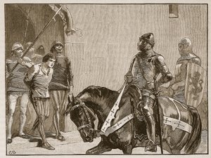 Piers Gaveston before the Earl of Warwick (Illustration from Cassell