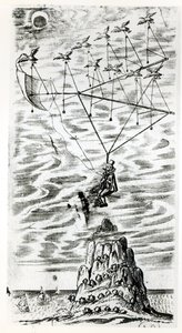 Plane, illustration from the frontispiece of The man in the moone or a discourse of a voyage thither by Domingo Gonsales, the speedy Messenger by Francis Godwin