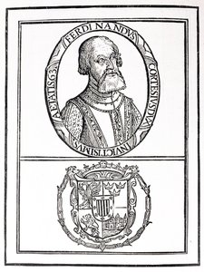 Portrait of Hernado Cortes (1485-1547) and his arms by English School