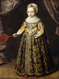 Portrait of a Boy, Aged 3, Standing Full Length in a Green Dress Embroidered with Gold, a Lace Cap and Ruff, Holding a Battledore and Shuttlecock, 1605 by English School