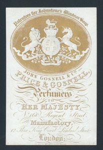 Price and Gosnell, Perfumers to Her Majesty, trade card by English School