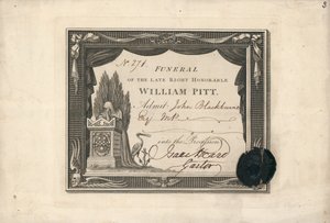 Procession admission ticket to the funeral of William Pitt