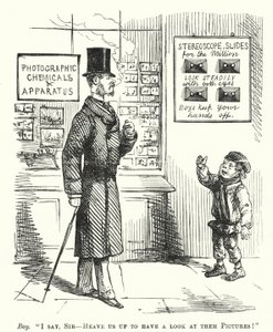 Boy Outside a Photographic Shop Asking to Be Lifted Up So He Can Look at Stereoscopic Slides by English School