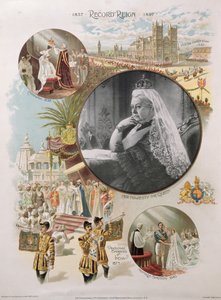 Queen Victoria depicted at the time of her Diamond Jubilee in 1897 together with some of the main events in her life