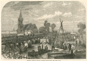 Railway works in Old St Pancras Churchyard, London by English School