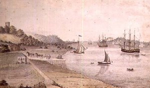 River landscape with shipping and the Dover Coach, c.1800 by English School