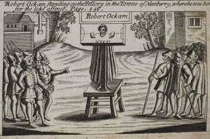 Robert Ockam standing on the pillory in the town of Newberry, where he was born, illustration from Acts and Monuments by John Foxe, ninth edition, published 1684