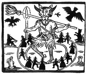 Robin Goodfellow, represented as Priapus with goat horns, erect penis and surrounded by circle of dancing worshippers by English School