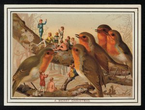Robins and a Group of Performers, Christmas Greetings Card