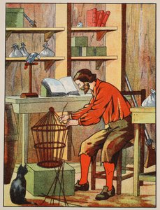 Robinson Crusoe making a cage for his parrot