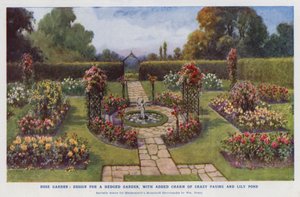 Rose garden, design for a hedged garden, with added charm of crazy paving and lily pond by English School