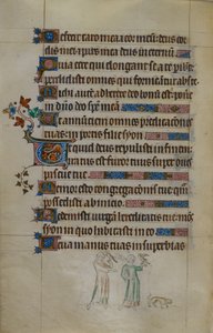Bas-de-page scene of two women carrying hawks, and a small dog in front of them, with an inhabited initial, illustration from the 