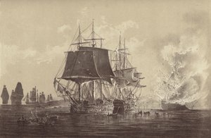 Russian ship Vsevolod destroyed in the presence of the Russian fleet after the action with HMS Implacable, attached to the Swedish Navy and commanded by Captain Thomas Byam Martin, in the Baltic, 26 August 1808 by English School