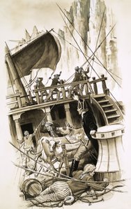 Sailing ship with cattle on board by English School