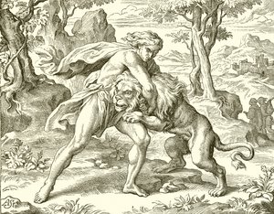 Samson and the Lion by English School