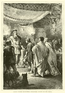 Saxon Noble receiving stranger guests in his hall by English School