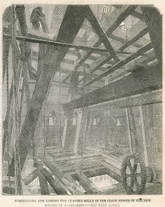 Scaffolding for raising the quarter-bells in the Clock Tower of the new Houses of Parliament