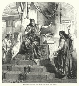 Shaphan Reading the Book of the Law Before King Josiah (engraving) by English School
