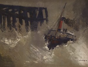 Ship battling big waves