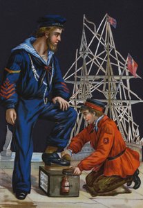 Shoeshine boy polishing a sailor