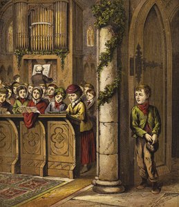 Singing Carols in Church, with Poor Boy Standing by Door