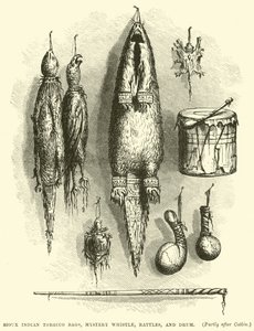 Sioux Indian Tobacco Bags, Mystery whistle, rattles, and drum
