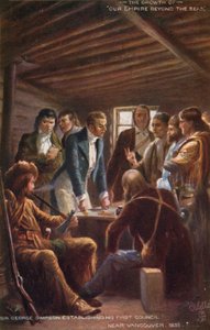 Sir George Simpson establishing his first council near Vancouver, 1835