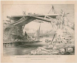 Sketch of Old London Bridge during its demolition in 1831, 1832 by English School