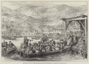 Sketches of the War, Greek Refugees from Kavarna embarking at Baltschik, on the Black Sea by English School