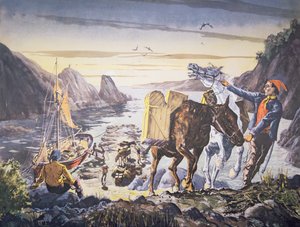 Smugglers loading contraband on their ponies for the journey inland by English School