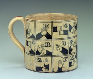 Staffordshire Mug Depicting the Alphabet in Sign Language, c.1820