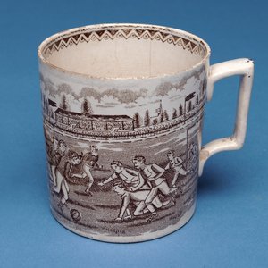 Staffordshire pint mug with sepia transfer of a football match (ceramic)