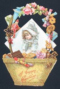 Sweet Basket and Picture of Girl, Christmas Card by English School