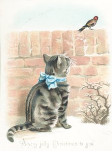 Tabby Cat Watching Finch on Wall by English School