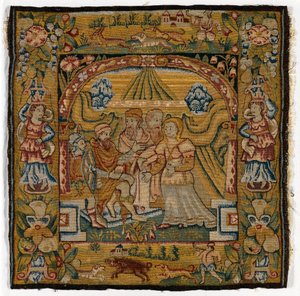 Tapestry cushion cover depicting Susannah before Judge