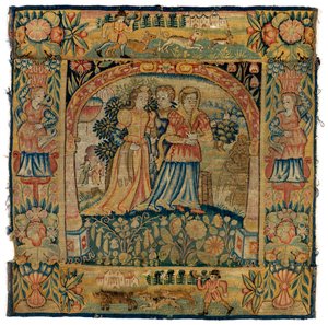 Tapestry cushion cover depicting Susannah on her way to the bath