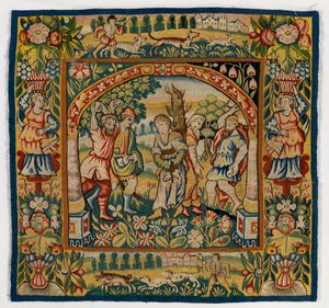 Tapestry cushion cover depicting The Stoning of Elders