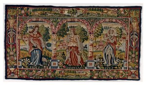 Tapestry long cushion depicting Faith, Hope and Charity
