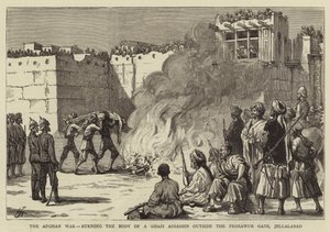 The Afghan War, burning the Body of a Ghazi Assassin outside the Peshawur Gate, Jellalabad by English School