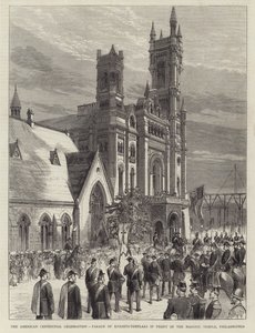 The American Centennial Celebration, Parade of Knights-Templars in Front of the Masonic Temple, Philadelphia (engraving) by English School