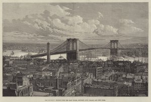 The Brooklyn Bridge over the East River, between Long Island and New York (engraving)