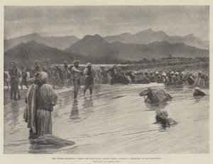 The Chitral Expedition, fording the Swat River, looking North; Village of Chatedarra in the Background