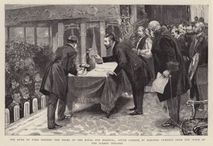 The Duke of York opening the doors of the Royal Eye Hospital, South London, by electric current from the stage of the Surrey Theatre by English School